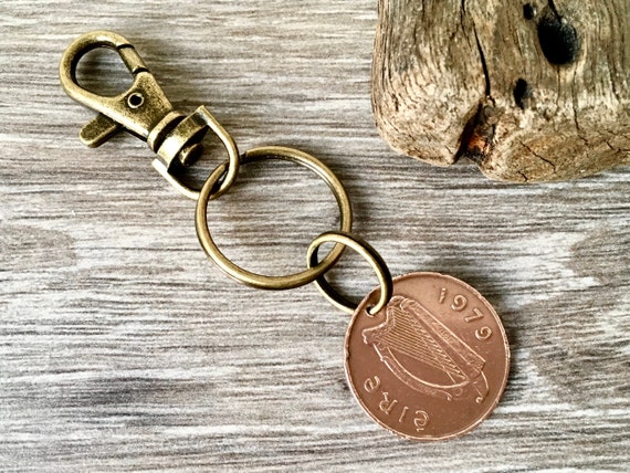 Irish coin keyring, Keychain or clip,  1971, 1975, 1976, 1978, 1979 or 1980 choose year for perfect birthday or anniversary gift