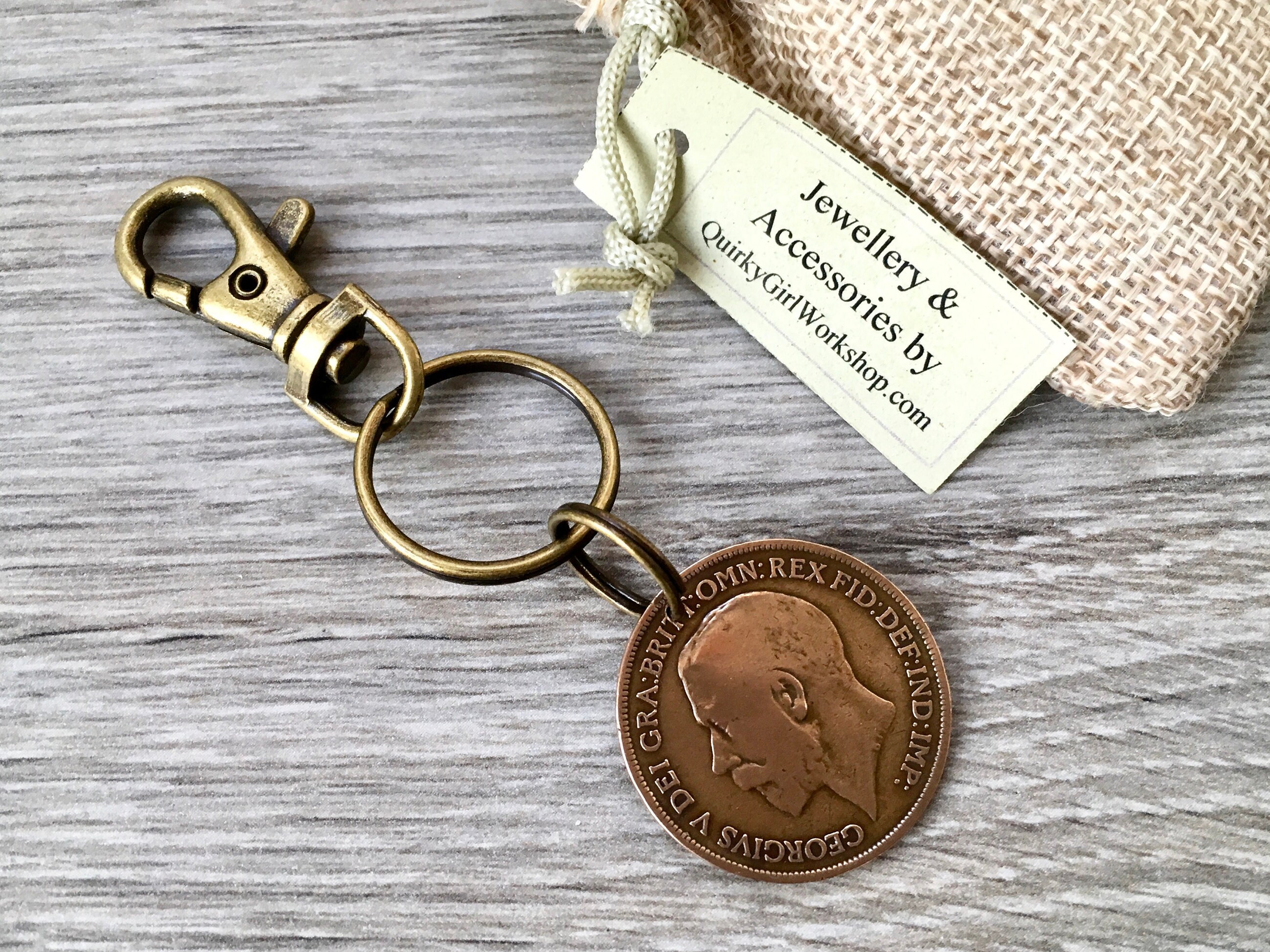 1919 English penny keyring, UK vintage 102 year old coin keychain