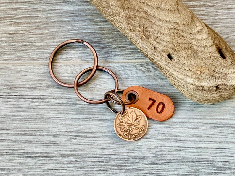 lucky maple leaf penny clip Canada one cent keyring 1951 Canadian penny keychain 70th birthday gift