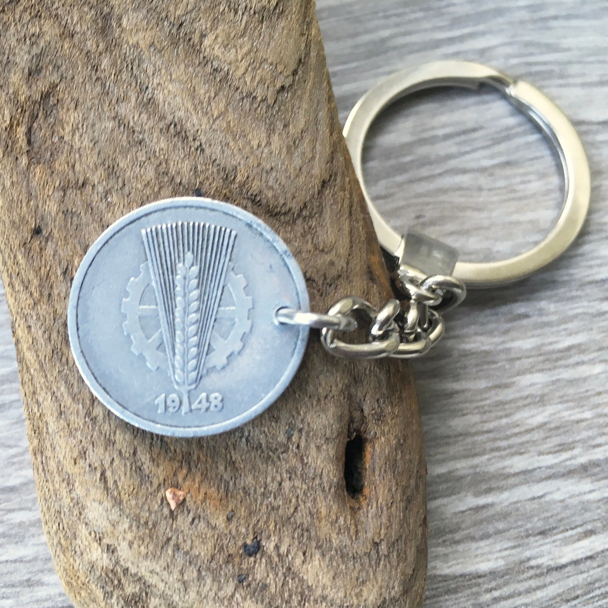 70th birthday gift, 1948 German coin key ring, Germany key chain, 10 pfennig, anniversary
