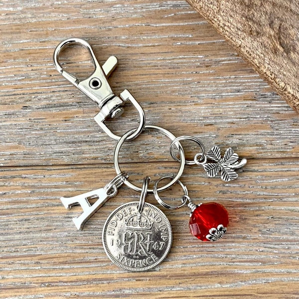 1947 lucky sixpence charm or bag clip, personalised gift, choose initial and birthstone colour, 77th birthday gift,