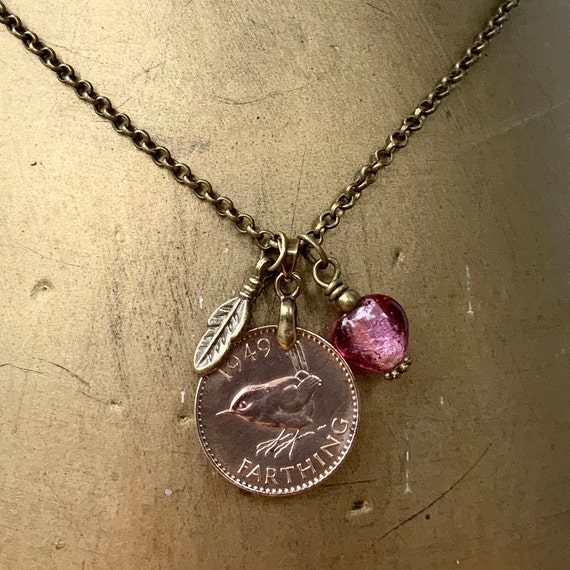 Wren Farthing and pink heart necklace choose coin year for a perfect birthday gift, British bird coin pendent