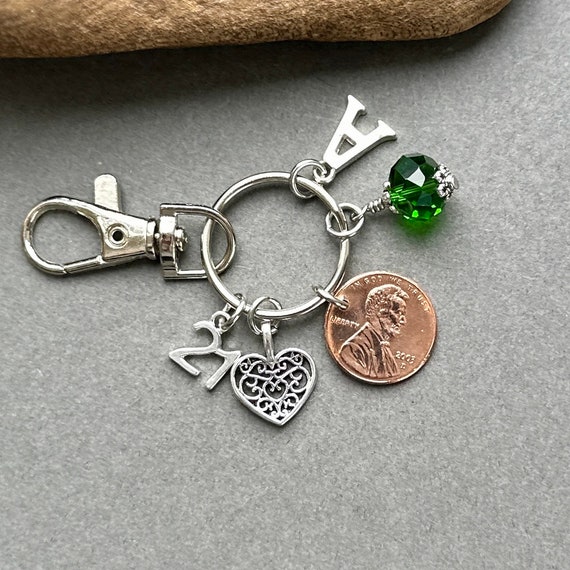 USA 21st birthstone birthday or anniversary, 2003 American lucky penny charm clip, purse clip, bag clip choose initial and birthstone colour