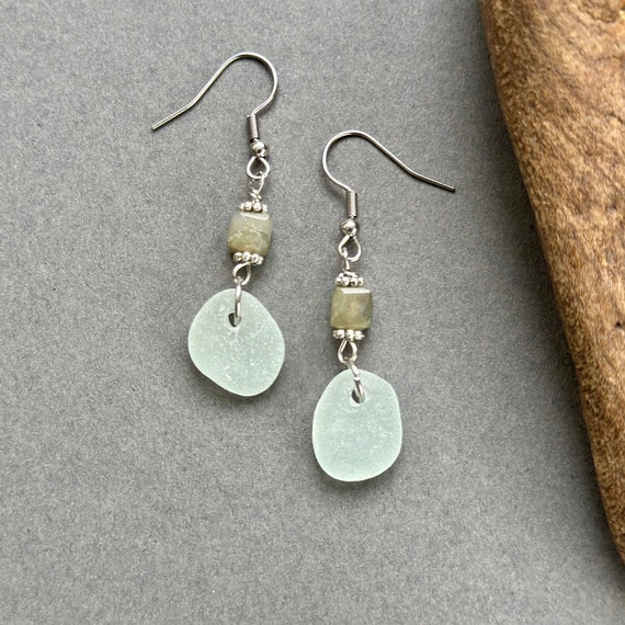 Sea glass with labradorite earrings, boho beach jewellery, beach wedding earrings, hippie jewellery, grey earrings, gemstone gift for her