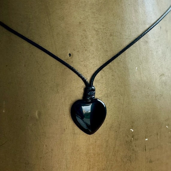 Black agate heart necklace on an adjustable black Korean cord