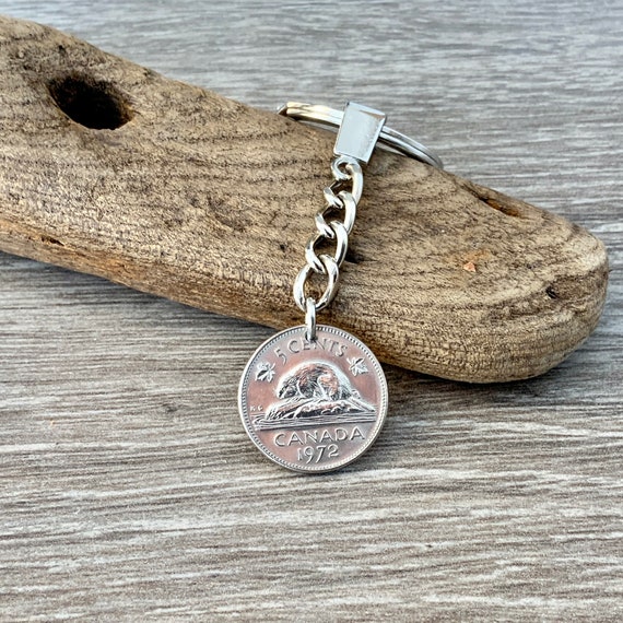 Canadian coin keychain, 1972 Canada 5c keyring, beaver coin, 52nd birthday, anniversary gift for a man or woman