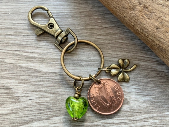 Irish penny bag charm, keyring or key chain choose coin year for a perfect birthday gift or Anniversary present