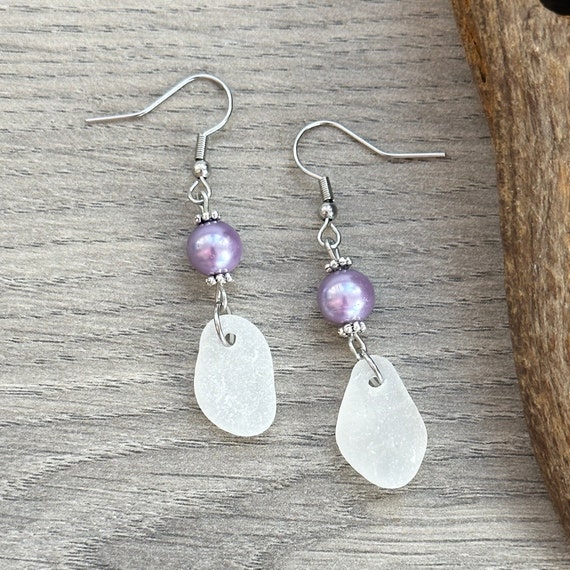 Sea glass and purple pearl long dangle earrings, beach glass earrings, romantic gift, Cornish sea glass