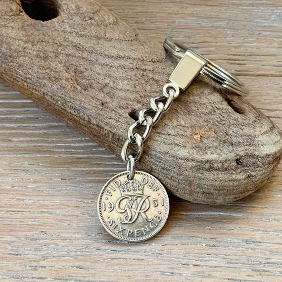 1951 sixpence key ring, 73rd birthday gift, lucky charm clip, British good luck present