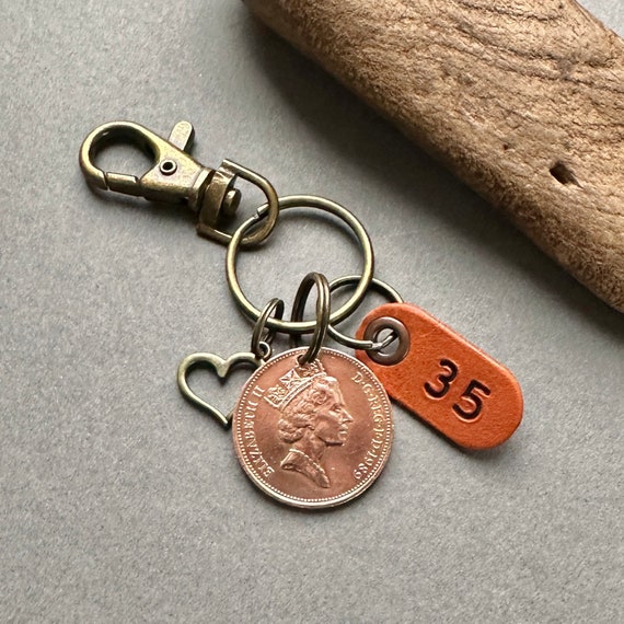 35th anniversary gift 1989 British two pence coin key chain, key ring or clip, for a man or woman