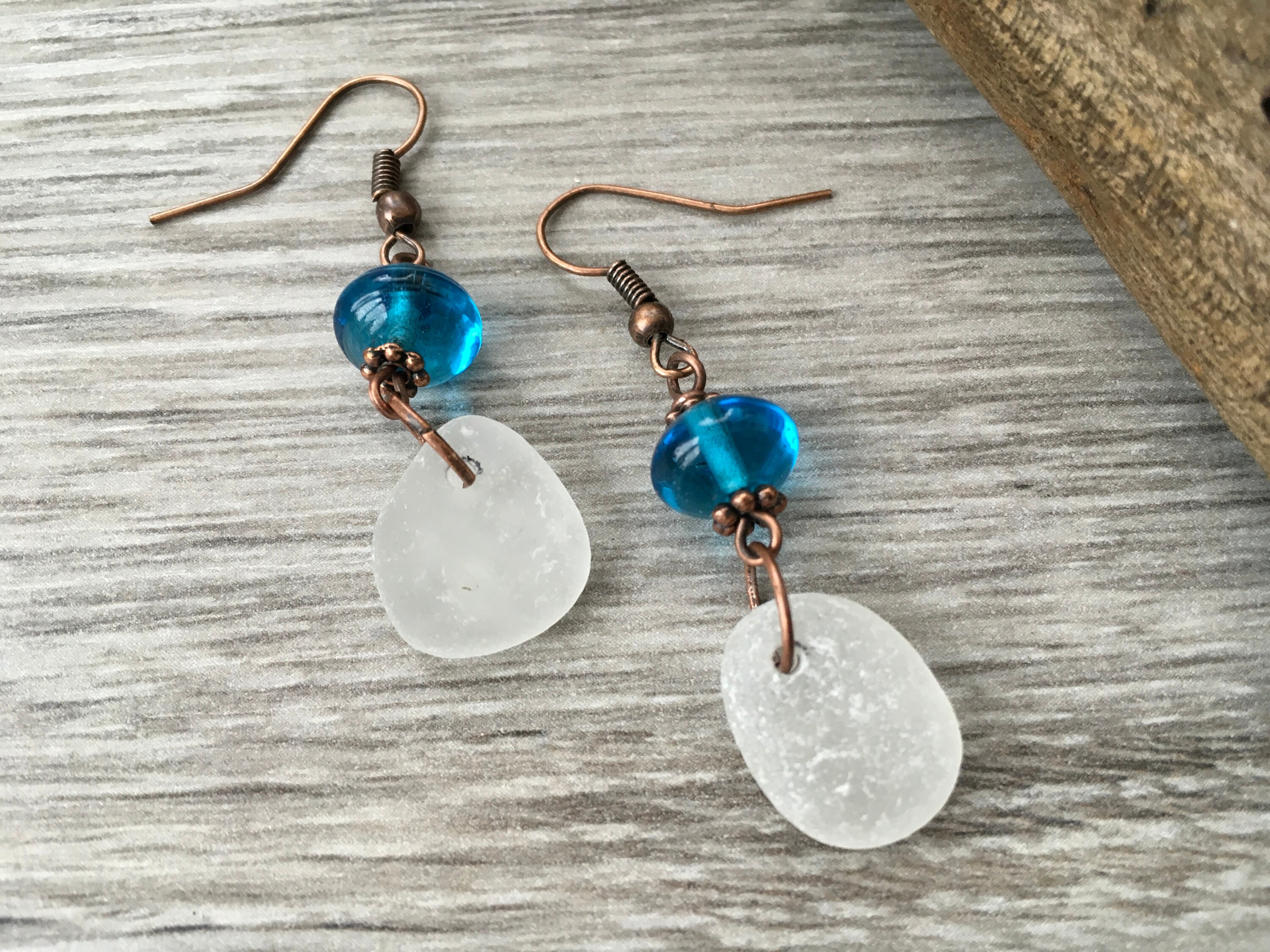 Sea glass earrings with blue glass bead, unusual gift, beach glass