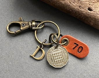 70th birthday gift, 1954 British threepence keychain, keyring or clip, choose initial, nostalgic personalised gift