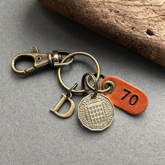 70th birthday gift, 1954 British threepence keychain, keyring or clip, choose initial, nostalgic personalised gift