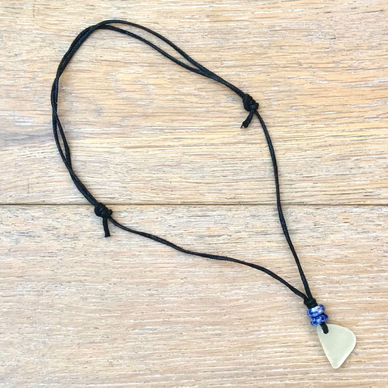 Natural sea glass pendant necklace, Cornish sea glass and blue calming gemstone necklace with a waxed cotton cord image 3