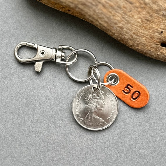 50th birthday Gift, 1974 UK ten pence coin clip style key ring, British 10p coin with a number 50 leather tag