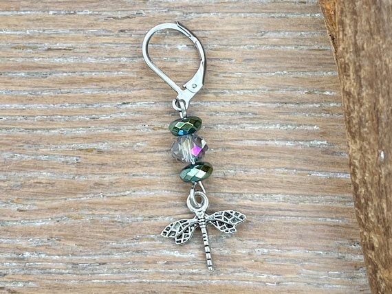 Long dragonfly earring, insect dangle earring, available as a single earring or pair of earrings, stainless steel lever back ear wires