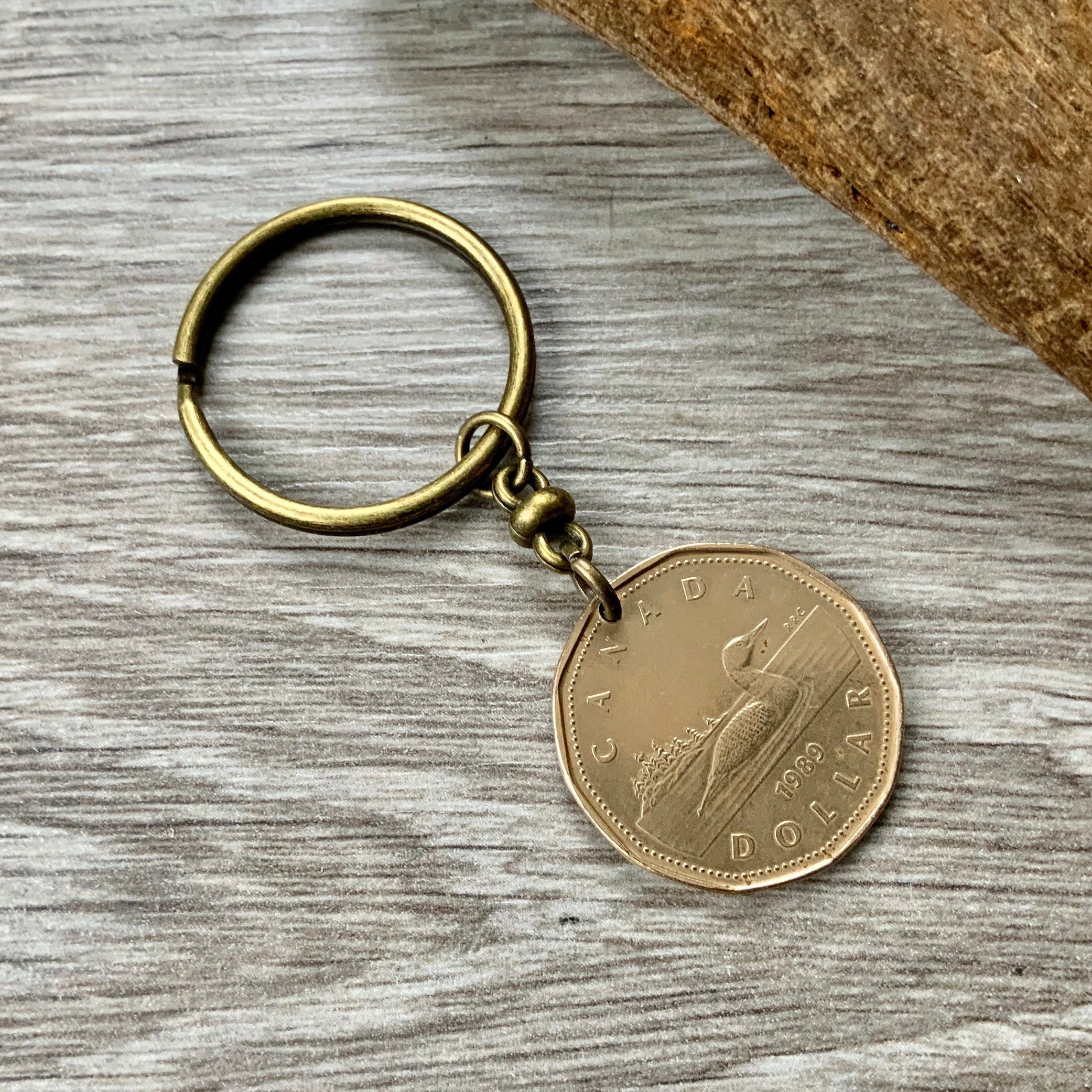 Canadian coin keychain, 1987, 1988, 1989, 1990 canada looney keyring