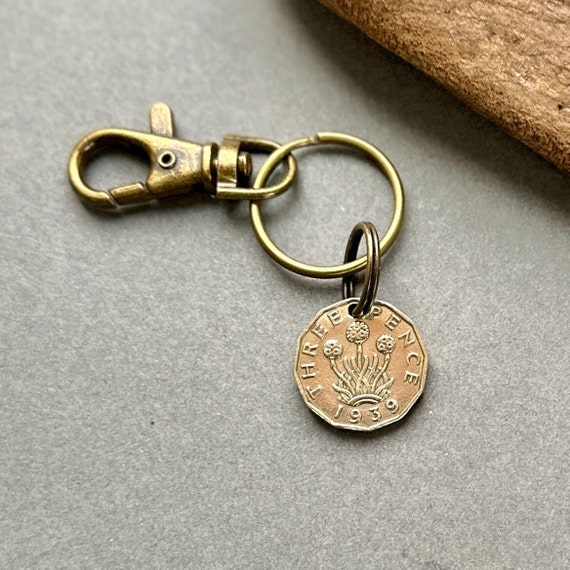 1939 Threepence key ring, a perfect 85th birthday gift, British coin clip, lucky bag charm, UK English present for a man or woman