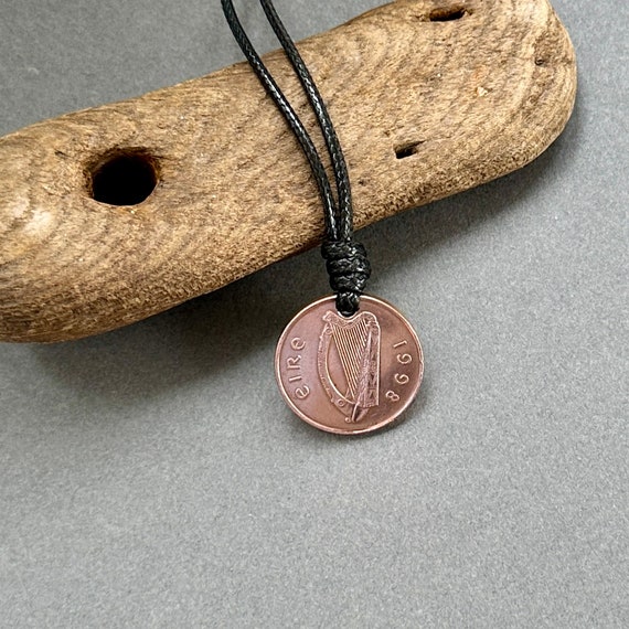1998 Irish coin necklace with an adjustable cord, handmade using an two pence ( 2p ) coin from Ireland and a black Korean cord