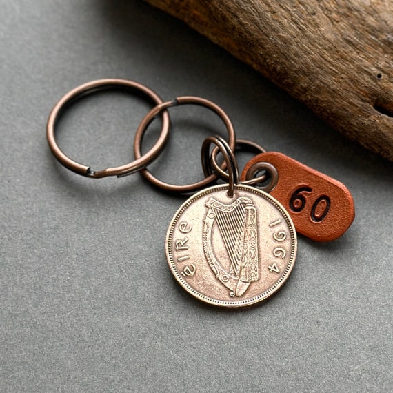 1964 Irish penny key chain, key ring or clip 60th birthday gift, a keepsake gift from Ireland