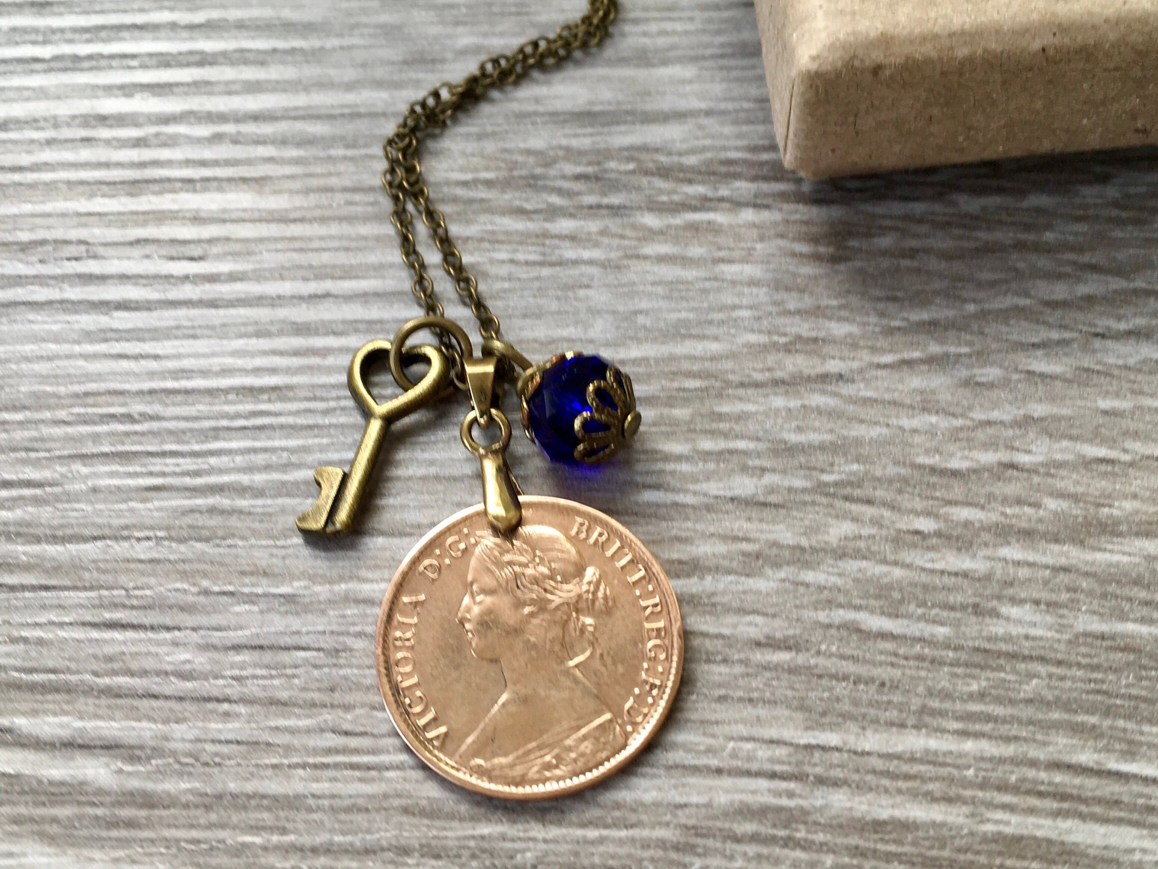 Victorian 1861 coin necklace, British farthing pendant, English