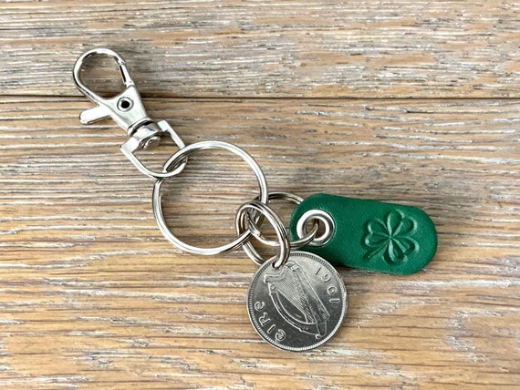 1961 Irish sixpence and green shamrock key chain, Ireland coin key ring or clip, perfect for a 63rd  birthday gift