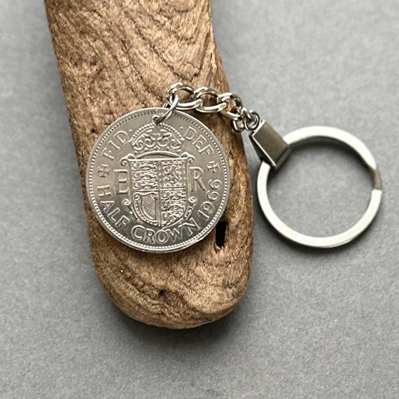 1966 British Half Crown coin keyring, key chain a perfect 58th birthday, anniversary retirement gift