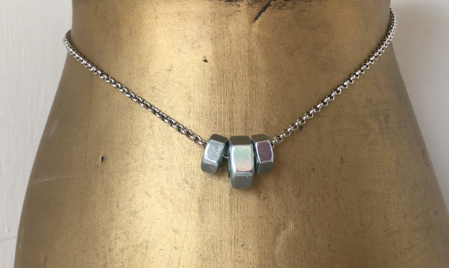 Hex nut necklace, unisex hardware jewelry, stainless steel chain, gift