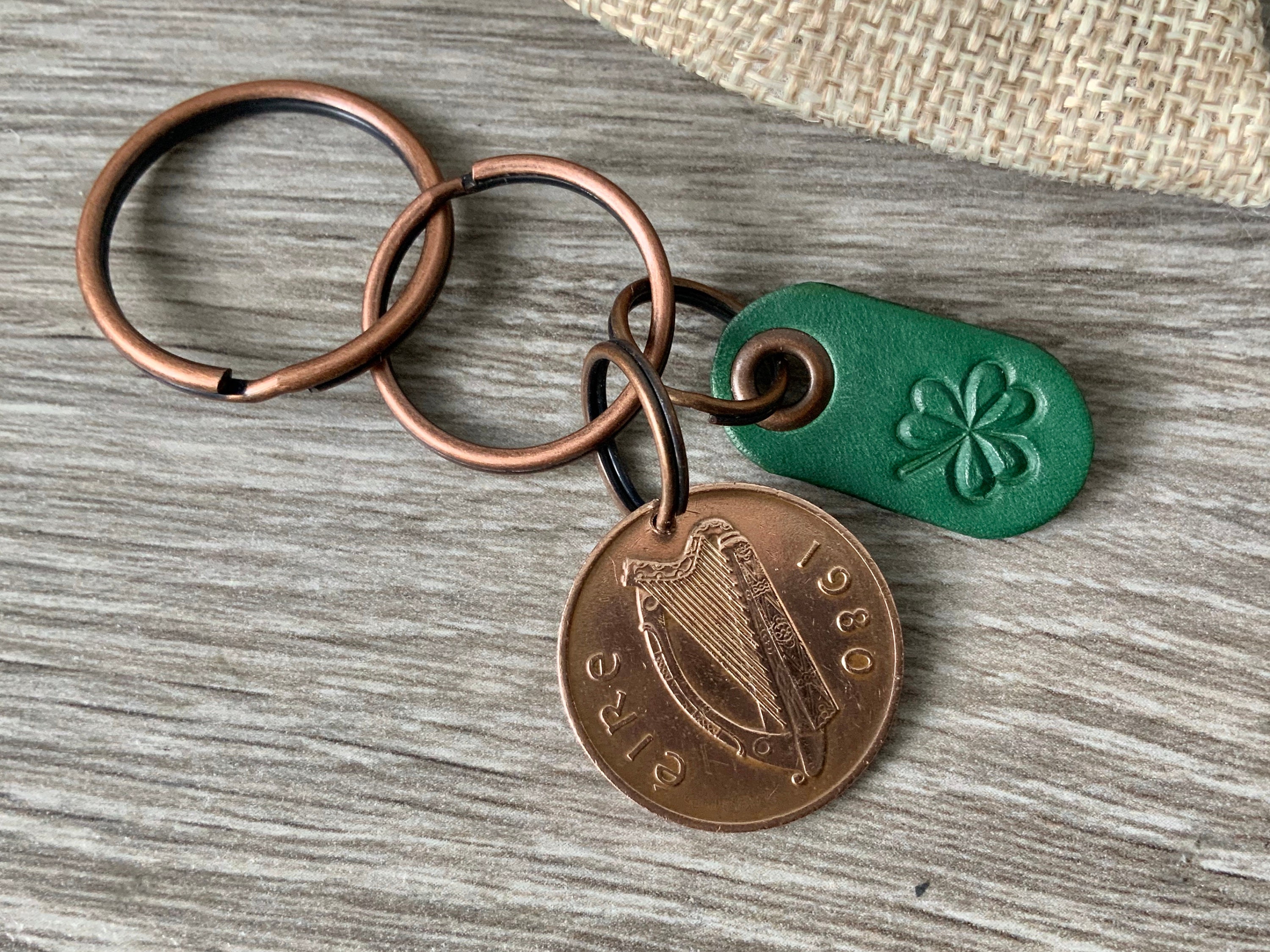Irish coin keychain or clip, choose coin year, shamrock keyring