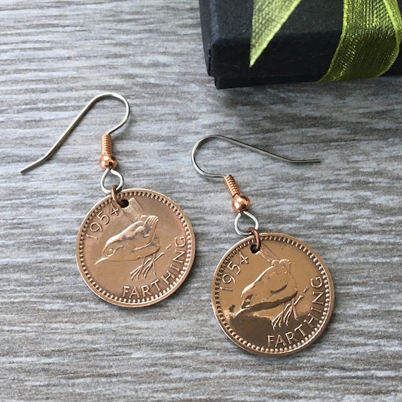 1954 wren Farthing earrings, handmade using genuine British farthing coins with stainless steel ear wires pretty bird coin jewellery,