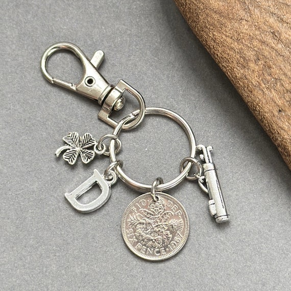 Lucky golf charm sixpence bag clip, choose initial and coin year for a thoughtful personalised birthday or anniversary gift