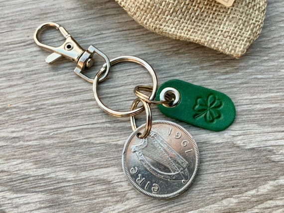 1961 Irish Florin with a green shamrock key chain, Ireland coin key ring or clip, perfect for a 63rd birthday gift