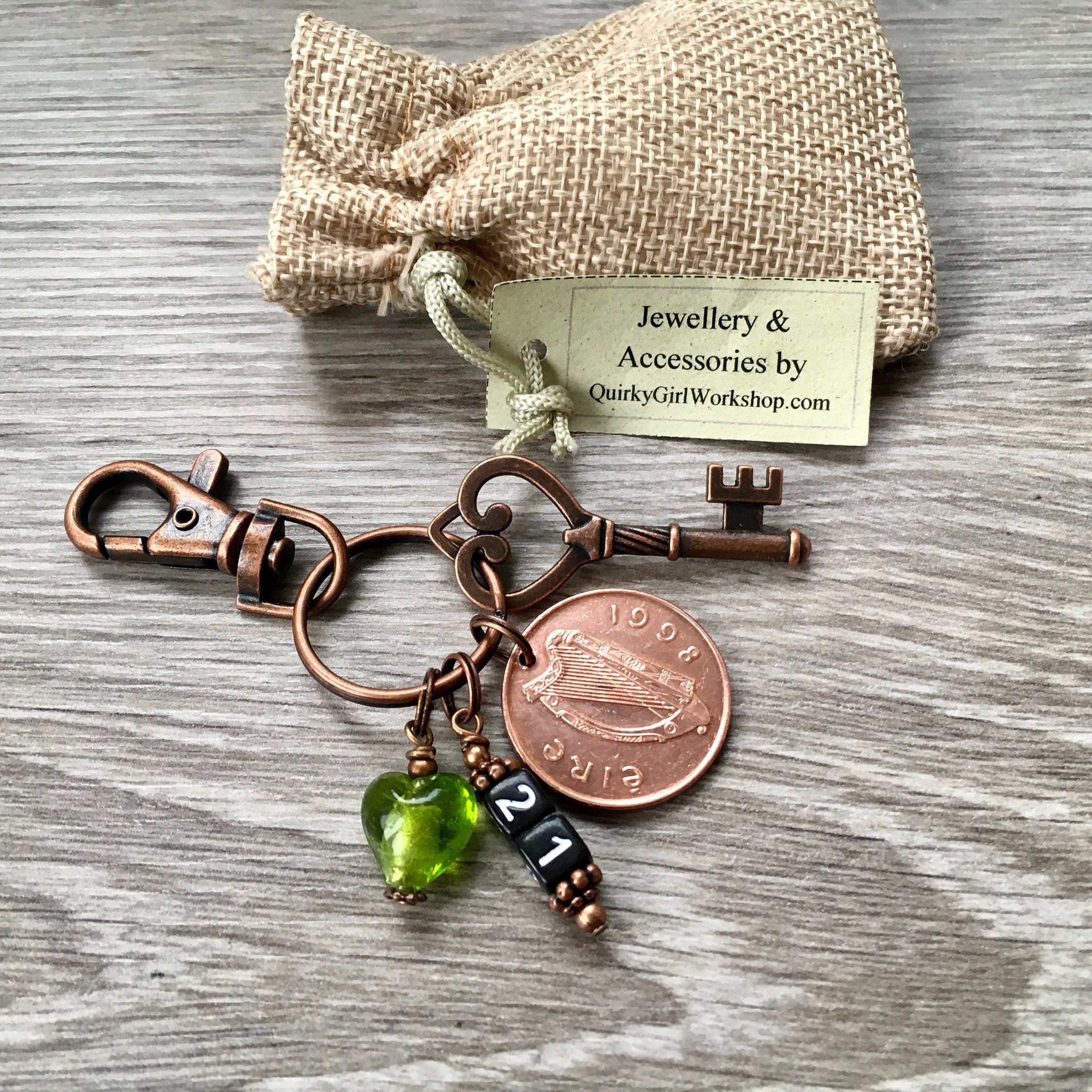 Irish 21st birthday or anniversary gift, 1998 coin bag charm clip