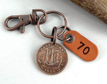 70th Birthday Gift: 1956 British Halfpenny Sailing Ship coin Keyring