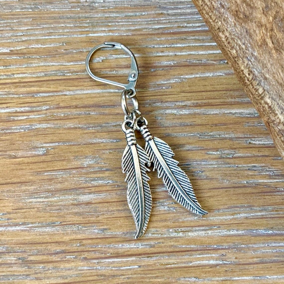 Double feather earring, available as single earring or a pair of earrings, two feather earring
