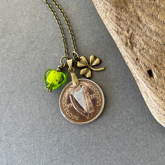 1928 Irish coin necklace, harp coin pendant, 96th birthday  gift for a woman, coin from Ireland, with a shamrock and heat charm