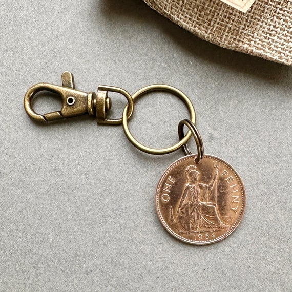 60th birthday or anniversary gift 1964 British penny clip style key ring, a perfect nostalgic gift