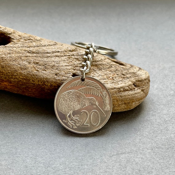 1967 New Zealand 20 cent coin keyring, woman, Kiwi coin keychain, 57th birthday gift or anniversary present for a man or woman