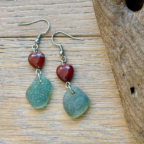 Green Sea glass earrings with brown agate hearts, beach glass boho jewellery, mermaids tears Cornish gift for a woman