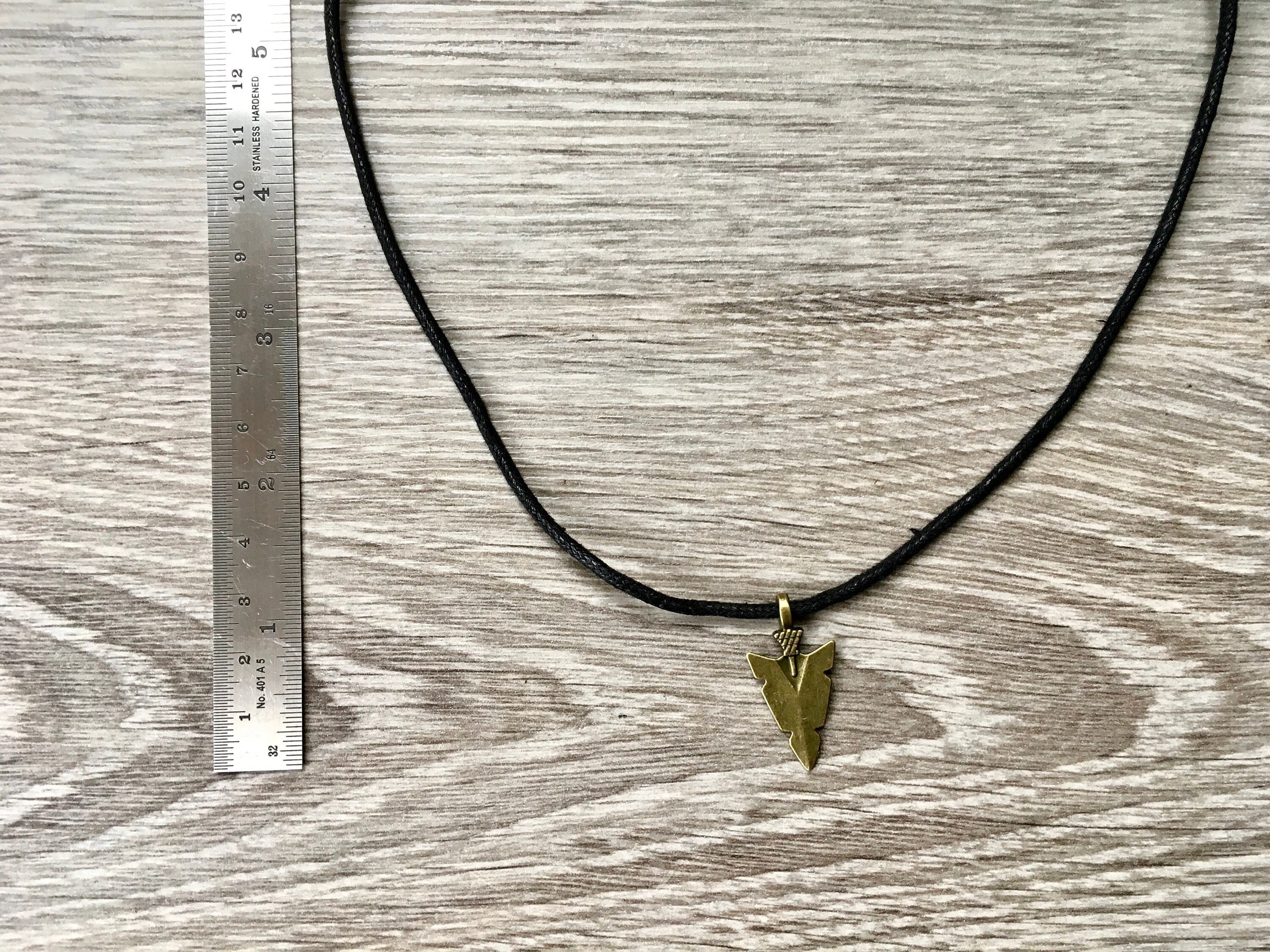 Arrowhead adjustable necklace, thick black cotton cord, bronze