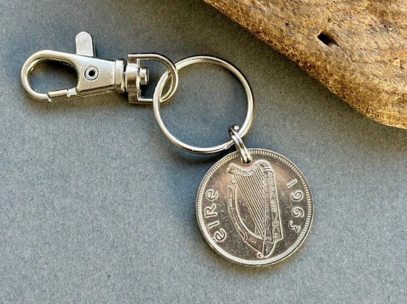 1963 Irish florin clip style Key ring, a perfect 61st birthday or anniversary gift, genuine vintage coin from Ireland