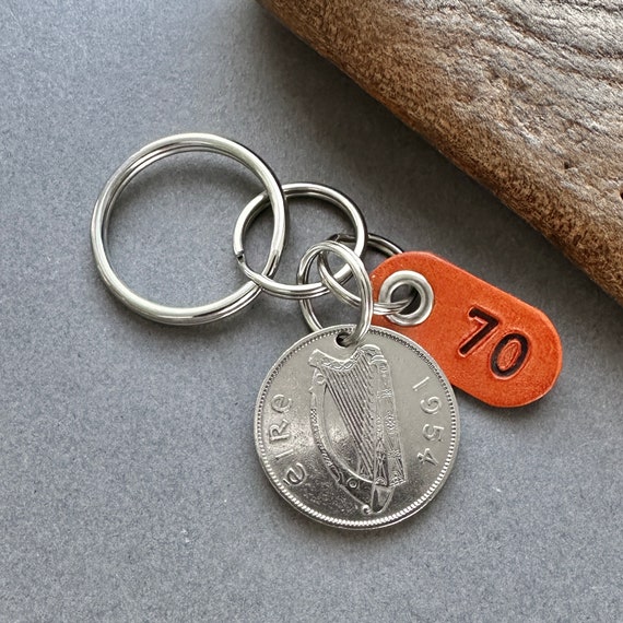 70th birthday or anniversary gift, a 1954 Irish florin keychain, Ireland keyring, Irish two shilling coin clip,