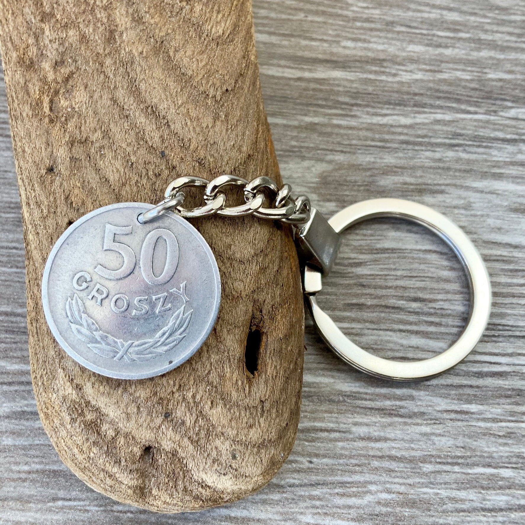 1949 polish coin keyring, 50 Groszy keychain, Poland 71st birthday or