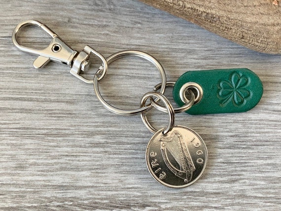 1960 Irish sixpence keychain, Ireland coin keyring or clip, shamrock 64th birthday gift, Irish wolfhound present for a man or woman