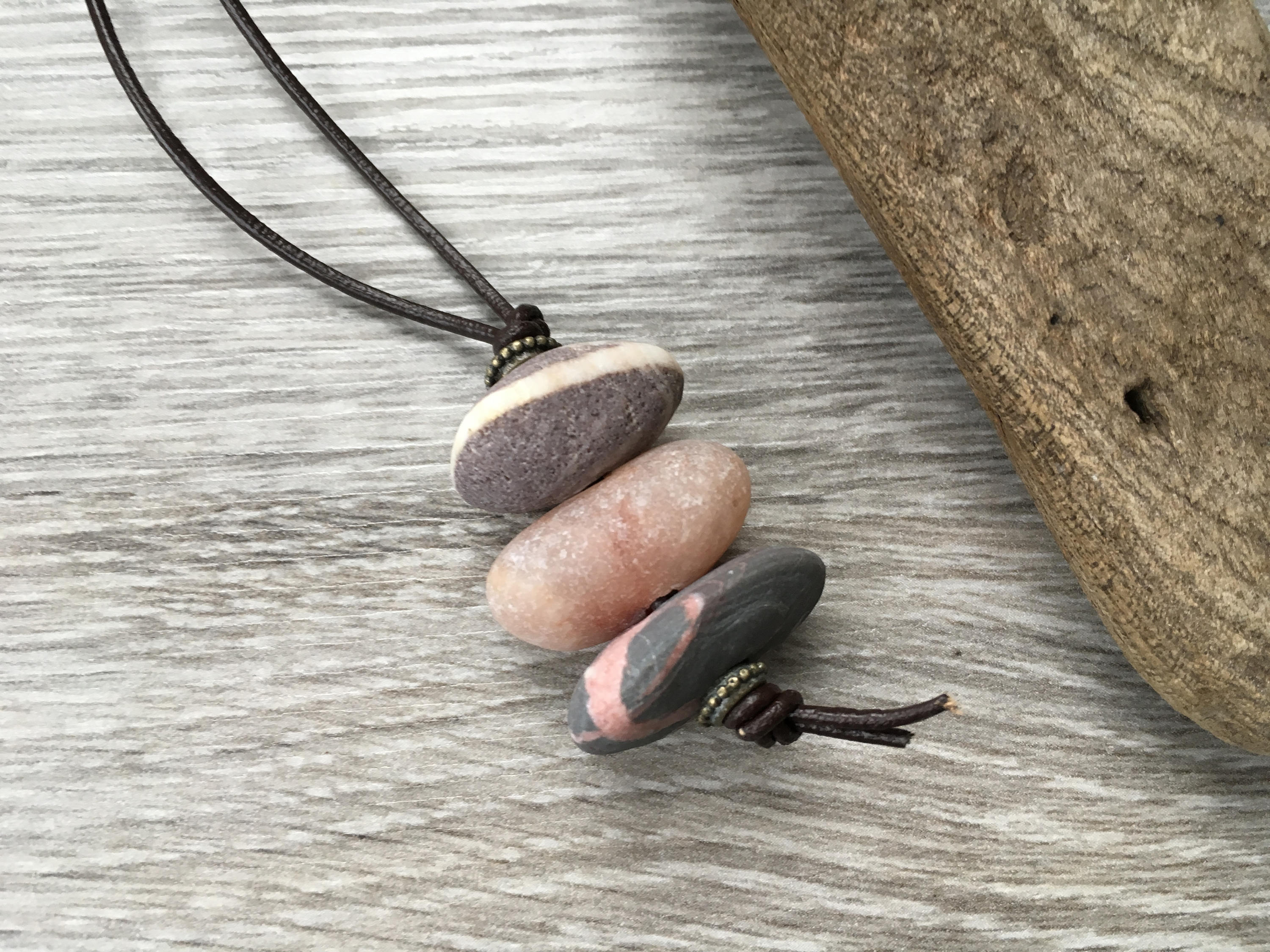 Zen necklace, pebble jewelry, natural rock, raw beach stones, leather