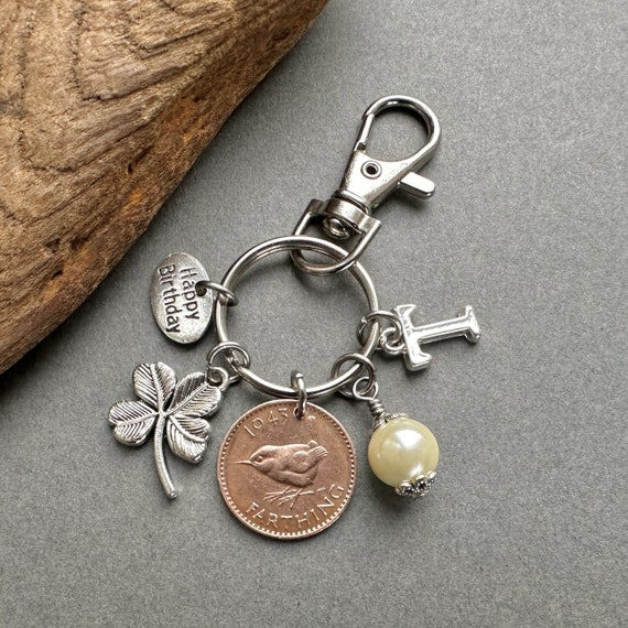 1943 wren farthing birthstone charm, bag clip, personalised gift, choose initial and birthstone colour, 81st birthday in 2024