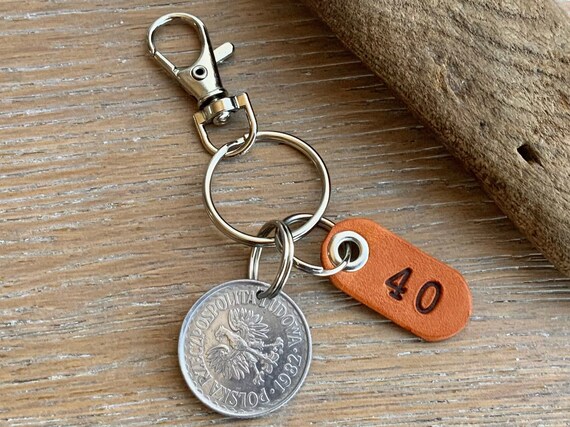 1982 polish coin keyring, one Zloty keychain, Poland 40th birthday gift or Anniversary present for a man or woman