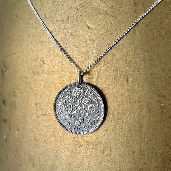 1953 silver Sixpence necklace on a sterling silver curb chain, 71st birthday or anniversary gift