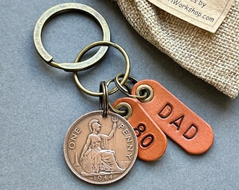 80th birthday gift for dad, a British penny from the year 1944 with two antique style leather fobs a great 80th birthday