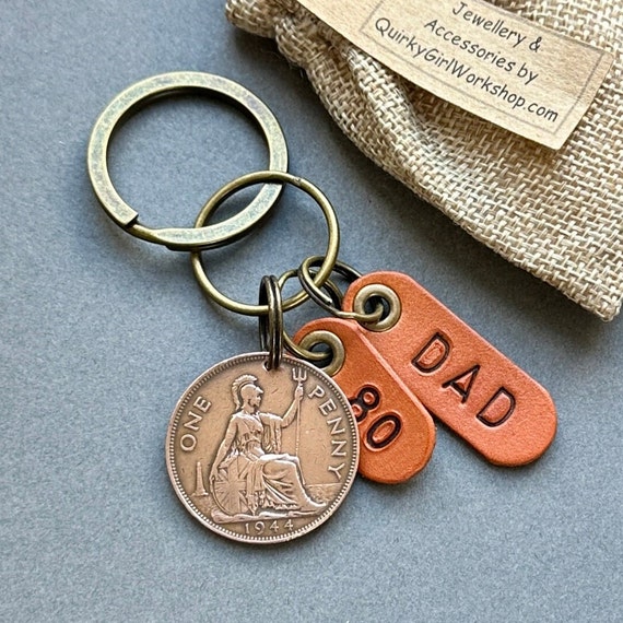 80th birthday gift for dad, a British penny from the year 1944 with two antique style leather fobs a great 80th birthday